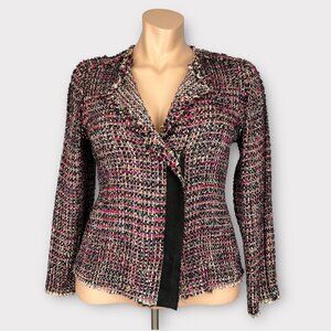 Carlisle Womens Pink Blue Tweed Blazer Jacket Zip Front Black Suede Back size 16